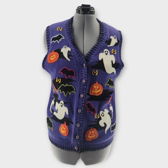 Tiara International Knitted Vest Womens L Halloween Embroidered ButtonUp VTG Y2K - Picture 1 of 8